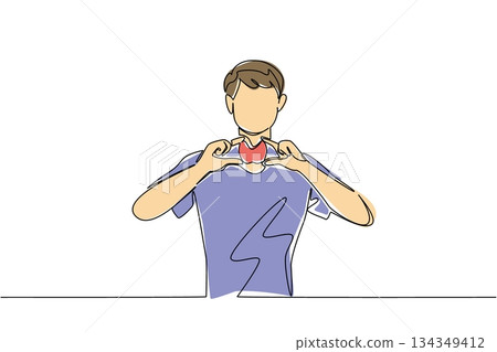 Single continuous line drawing a man in casual clothes holds a thyroid gland mockup with both hands. Shows thyroid gland during treatment. Ill. World Thyroid Day. One line design vector illustration 134349412
