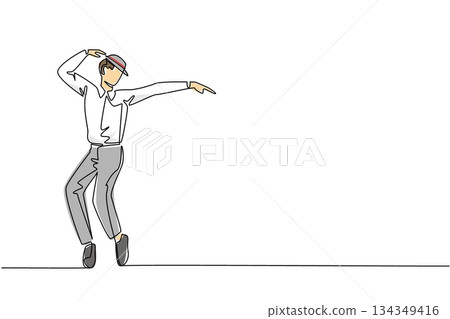 Single one line drawing a man wearing a white long sleeve shirt, a hat and his feet on tiptoes. Male dancer with phenomenal moves. National Tap Dance Day. Continuous line design graphic illustration 134349416