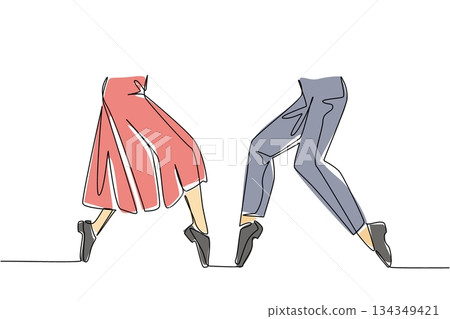 Single continuous line drawing 2 pairs of feet wearing tap dance shoes and their feet posing. Stunning performance. Rhythmic. Elegant. National Tap Dance Day. One line design vector illustration Single continuous line drawing 2 pairs of feet wearing tap dance shoes and their feet posing. Stunning performance. Rhythmic. Elegant. National Tap Dance Day. One line design vector illustration 134349421