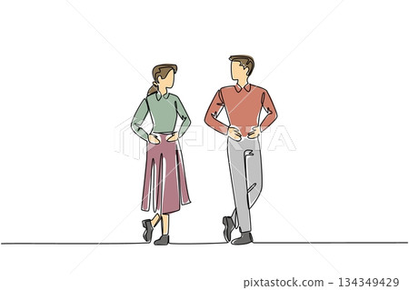 Continuous one line drawing a man and a woman stand with their hands and feet forming a gesture. Building chemistry. Amazing show. National Tap Dance Day. Single line draw design vector illustration 134349429