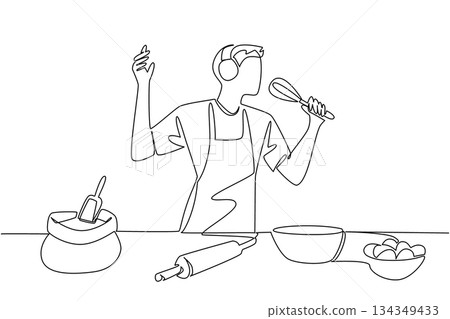 Single one line drawing a man wear apron and headphones cooking while singing holding a manual mixer. Style like a DJ when cooking. National Sing Out Day. Continuous line design graphic illustration 134349433