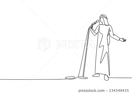 Single continuous line drawing Arabian man singing while holding a standing mic and posing. Final sound check before performing at a concert. National Sing Out Day. One line design vector illustration Single continuous line drawing Arabian man singing while holding a standing mic and posing. Final sound check before performing at a concert. National Sing Out Day. One line design vector illustration 134349435