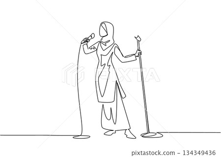 Continuous one line drawing Arabian woman in casual clothes singing while holding a standing mic and posing. Performance of a diva. National Sing Out Day. Single line draw design vector illustration 134349436