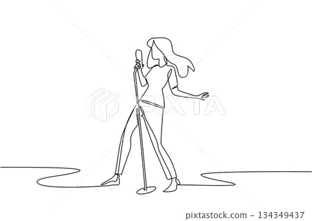 Single one line drawing a woman singing while holding a standing mic and posing. The stunning appearance of the queen of the stage. National Sing Out Day. Continuous line design graphic illustration Single one line drawing a woman singing while holding a standing mic and posing. The stunning appearance of the queen of the stage. National Sing Out Day. Continuous line design graphic illustration 134349437