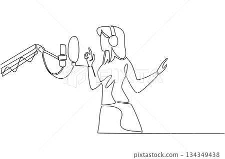 Single one line drawing a woman standing in front of standing mic using headphones is singing. The process of recording a new album. National Sing Out Day. Continuous line design graphic illustration 134349438