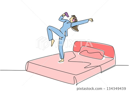 Single continuous line drawing a woman in pajamas wear headphone stands on a bed hold a hair dryer used as a mic. Evening routine before bed. National Sing Out Day. One line design vector illustration 134349439
