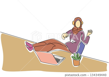 Single one line drawing Arab woman wear headphone sits on a chair with hands forms a gesture as plays guitar. Freedom of expression. National Sing Out Day. Continuous line design graphic illustration Single one line drawing Arab woman wear headphone sits on a chair with hands forms a gesture as plays guitar. Freedom of expression. National Sing Out Day. Continuous line design graphic illustration 134349440