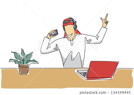 Single continuous line drawing Arab man uses headphone sits sing hold coffee paper cup as mic. Singing as loud as possible to relieve fatigue National Sing Out Day. One line design vector illustration 134349445