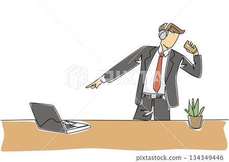 Single one line drawing businessman stands wear headphone and holds coffee paper cup as mic. Excitement like being at music concert. National Sing Out Day. Continuous line design graphic illustration 134349446