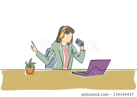 Single continuous line drawing a business woman using headphones sitting singing holding a coffee paper cup. A short break. Leisure. Enjoy. National Sing Out Day. One line design vector illustration Single continuous line drawing a business woman using headphones sitting singing holding a coffee paper cup. A short break. Leisure. Enjoy. National Sing Out Day. One line design vector illustration 134349447