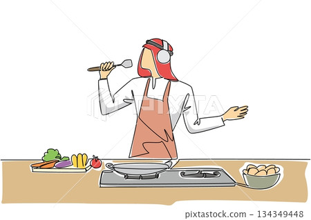 Continuous one line drawing Arab man wear apron and headphone cooking while singing hold ladle as mic. Preparing food with pleasure. National Sing Out Day. Single line draw design vector illustration 134349448