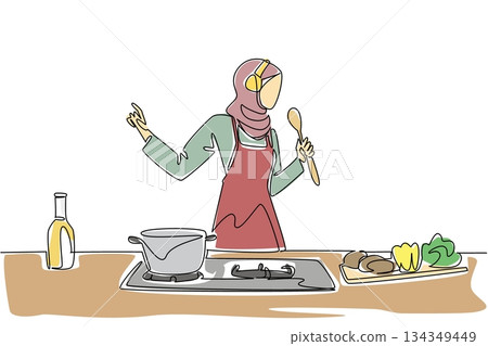 Single continuous line drawing Arab woman wear an apron and headphones cooking while singing holding a ladle. Two hobbies at one time. Chef. National Sing Out Day. One line design vector illustration Single continuous line drawing Arab woman wear an apron and headphones cooking while singing holding a ladle. Two hobbies at one time. Chef. National Sing Out Day. One line design vector illustration 134349449