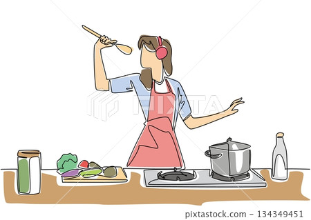 Continuous one line drawing woman wear apron and headphones cooking while singing holding a ladle. The cooking spirit is back again. National Sing Out Day. Single line draw design vector illustration 134349451