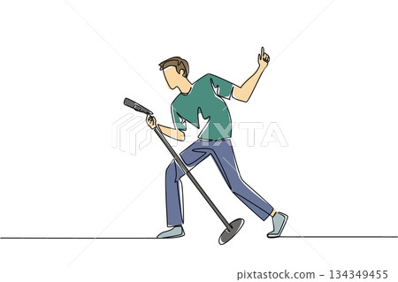 Single continuous line drawing a man in casual clothes singing while holding a standing mic and posing. The perfect appearance of rockstar. National Sing Out Day. One line design vector illustration Single continuous line drawing a man in casual clothes singing while holding a standing mic and posing. The perfect appearance of rockstar. National Sing Out Day. One line design vector illustration 134349455