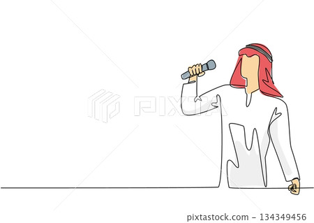 Single one line drawing a young Arabian man is singing. Hobby singing. Come to karaoke studio. Relieve the mind. Talented. Pleasant. National Sing Out Day. Continuous line design graphic illustration Single one line drawing a young Arabian man is singing. Hobby singing. Come to karaoke studio. Relieve the mind. Talented. Pleasant. National Sing Out Day. Continuous line design graphic illustration 134349456
