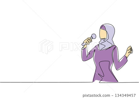 Continuous one line drawing a young and famous Arabian woman singing. Final practice to create a stunning stage act. Talented singer. National Sing Out Day. Single line draw design vector illustration 134349457