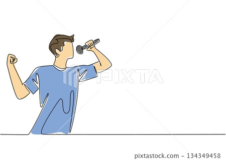 Single continuous line drawing a young man in casual clothes is singing. Practice seriously to join the talent search event. Hobby singing. National Sing Out Day. One line design vector illustration Single continuous line drawing a young man in casual clothes is singing. Practice seriously to join the talent search event. Hobby singing. National Sing Out Day. One line design vector illustration 134349458