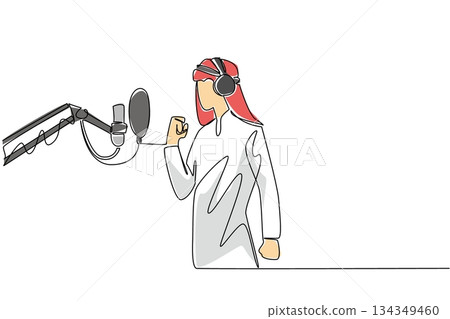 Continuous one line drawing Arab man standing in front of a mic using headphones is singing. Audition to enter the recording studio. National Sing Out Day. Single line draw design vector illustration 134349460
