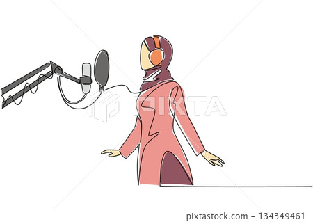 Single continuous line drawing Arab woman standing in front of mic using headphones is singing. First experience entering a recording studio. National Sing Out Day. One line design vector illustration 134349461