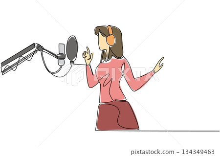 Single one line drawing a woman standing in front of standing mic using headphones is singing. The process of recording a new album. National Sing Out Day. Continuous line design graphic illustration 134349463