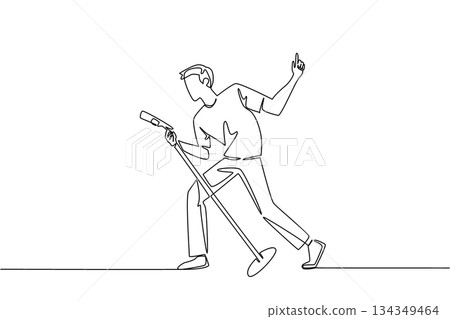 Single continuous line drawing a man in casual clothes singing while holding a standing mic and posing. The perfect appearance of rockstar. National Sing Out Day. One line design vector illustration 134349464