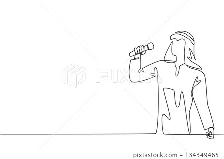 Single one line drawing a young Arabian man is singing. Hobby singing. Come to karaoke studio. Relieve the mind. Talented. Pleasant. National Sing Out Day. Continuous line design graphic illustration 134349465