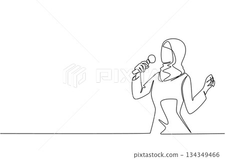 Continuous one line drawing a young and famous Arabian woman singing. Final practice to create a stunning stage act. Talented singer. National Sing Out Day. Single line draw design vector illustration 134349466
