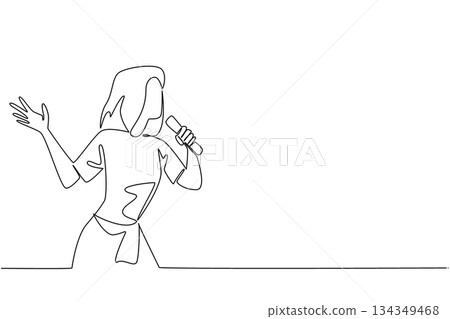 Single one line drawing a woman is singing. Being in the music industry. A hobby that should be able to generate a lot of profit. National Sing Out Day. Continuous line design graphic illustration 134349468