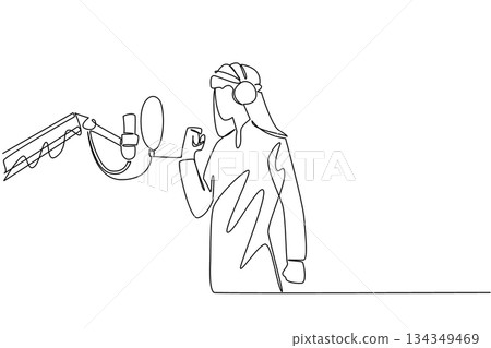 Continuous one line drawing Arab man standing in front of a mic using headphones is singing. Audition to enter the recording studio. National Sing Out Day. Single line draw design vector illustration 134349469