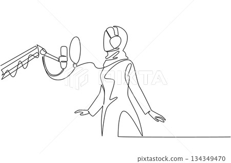 Single continuous line drawing Arab woman standing in front of mic using headphones is singing. First experience entering a recording studio. National Sing Out Day. One line design vector illustration Single continuous line drawing Arab woman standing in front of mic using headphones is singing. First experience entering a recording studio. National Sing Out Day. One line design vector illustration 134349470
