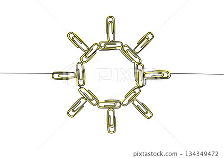 Continuous one line drawing paper clips arranged into the sun and rays around it. Symbolizing the need for paper clips in office. National Paperclip Day. Single line draw design vector illustration 134349472