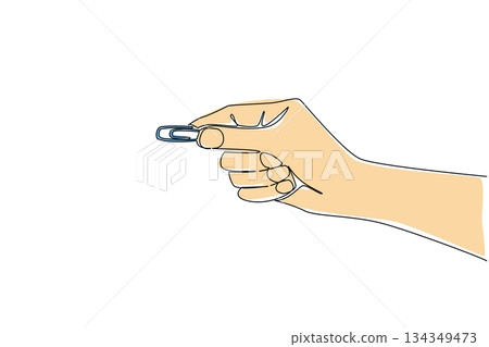 Single continuous line drawing hand holding a paper clip. Take as needed. Glue work documents without damaging the paper. Tool. Equipment. National Paperclip Day. One line design vector illustration Single continuous line drawing hand holding a paper clip. Take as needed. Glue work documents without damaging the paper. Tool. Equipment. National Paperclip Day. One line design vector illustration 134349473