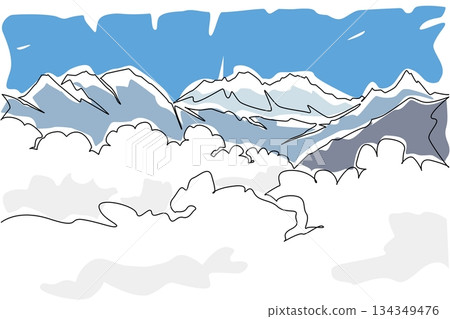 Single one line drawing Himalayan mountain range. A route full of obstacles and the threat of snow storms to reach the peak. Summit. Mount Everest Day. Continuous line design graphic illustration Single one line drawing Himalayan mountain range. A route full of obstacles and the threat of snow storms to reach the peak. Summit. Mount Everest Day. Continuous line design graphic illustration 134349476