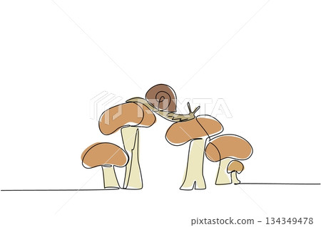 Single continuous line drawing snails walking and crossing on mushroom stems. Crawling animal with coiled shell. Devouring mushrooms slowly. National Snail Day. One line design vector illustration Single continuous line drawing snails walking and crossing on mushroom stems. Crawling animal with coiled shell. Devouring mushrooms slowly. National Snail Day. One line design vector illustration 134349478