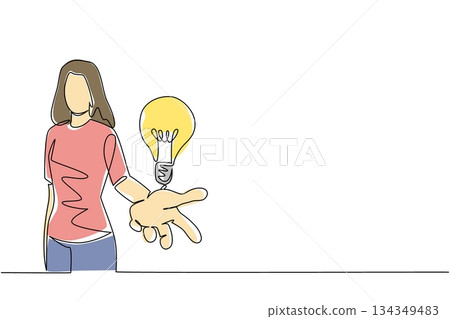 Continuous one line drawing a woman opens her palm and a light bulb floats above her palm. Offering out of the box solutions. National Creativity Day. Single line draw design vector illustration Continuous one line drawing a woman opens her palm and a light bulb floats above her palm. Offering out of the box solutions. National Creativity Day. Single line draw design vector illustration 134349483