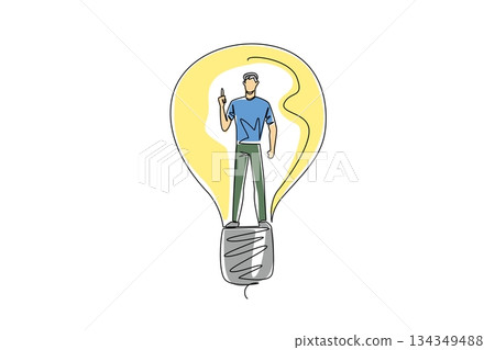 Single continuous line drawing a man in casual clothes with gestures got an idea in a lightbulb. Leadership spirit. Always think carefully. National Creativity Day. One line design vector illustration Single continuous line drawing a man in casual clothes with gestures got an idea in a lightbulb. Leadership spirit. Always think carefully. National Creativity Day. One line design vector illustration 134349488