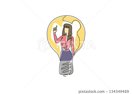 Continuous one line drawing a woman in casual clothes with gestures got an idea in a lightbulb. Have a brilliant and genius idea. National Creativity Day. Single line draw design vector illustration Continuous one line drawing a woman in casual clothes with gestures got an idea in a lightbulb. Have a brilliant and genius idea. National Creativity Day. Single line draw design vector illustration 134349489