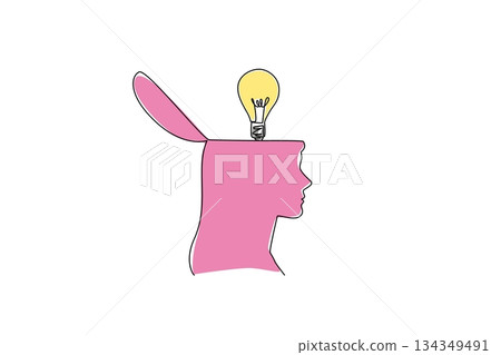 Single one line drawing the top of head is open and there is lightbulb above it. Do some brainstorming. Sensitivity of thinking. National Creativity Day. Continuous line design graphic illustration 134349491