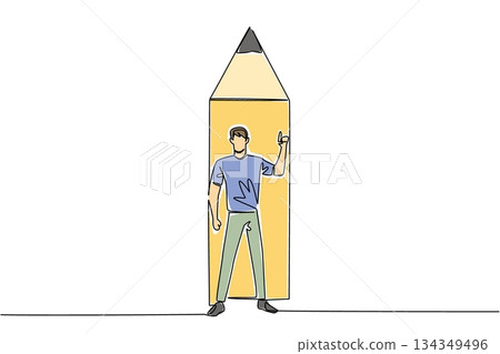 Single continuous line drawing a man standing in front of the bottom end of a pencil with a gesture. Writing solutions is the right way. National Creativity Day. One line design vector illustration 134349496