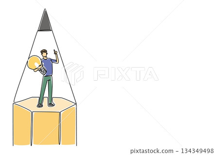 Single one line drawing a man carry a lightbulb with gesture in middle of the tip of pencil. Innovation and fresh ideas. Creative. National Creativity Day. Continuous line design graphic illustration Single one line drawing a man carry a lightbulb with gesture in middle of the tip of pencil. Innovation and fresh ideas. Creative. National Creativity Day. Continuous line design graphic illustration 134349498