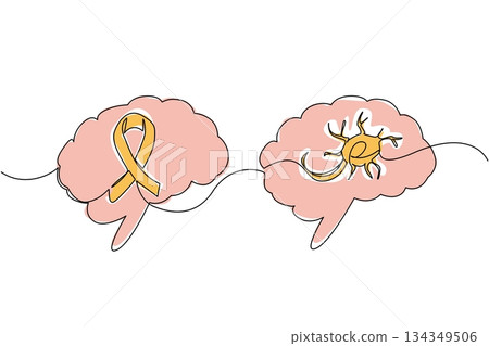 Single one line drawing multiple sclerosis nerves in left brain and campaign ribbons in right brain. Cerebral palsy. Disease. World Multiple Sclerosis Day. Continuous line design graphic illustration Single one line drawing multiple sclerosis nerves in left brain and campaign ribbons in right brain. Cerebral palsy. Disease. World Multiple Sclerosis Day. Continuous line design graphic illustration 134349506