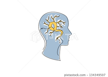 Single continuous line drawing silhouette of head with multiple sclerosis nerve in the middle. Chronic diseases affect the brain. World Multiple Sclerosis Day. One line design vector illustration 134349507