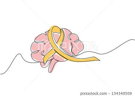 Continuous one line drawing brain with ribbon in the middle. A disease that is very difficult to predict. Paralyze the brain. World Multiple Sclerosis Day. Single line draw design vector illustration Continuous one line drawing brain with ribbon in the middle. A disease that is very difficult to predict. Paralyze the brain. World Multiple Sclerosis Day. Single line draw design vector illustration 134349509