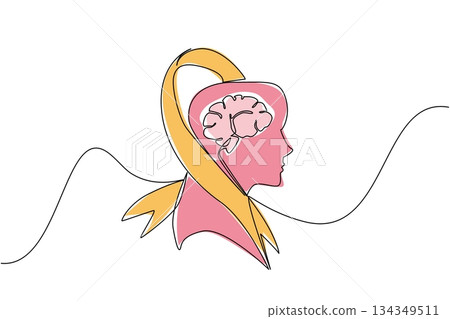 Single continuous line drawing campaign ribbon wraps around silhouette of head with brain inside head. Currently undergoing treatment. World Multiple Sclerosis Day. One line design vector illustration 134349511