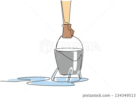 Single continuous line drawing hand holds bucket with hole with water coming out of hole. Leaks from inside are difficult to repair. National Hole In My Bucket Day. One line design vector illustration 134349513