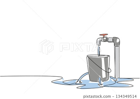 Single continuous line drawing water leaks out of a bucket with holes filled with taps and puddles. Neglect becomes waste. Broken. National Hole In My Bucket Day. One line design vector illustration Single continuous line drawing water leaks out of a bucket with holes filled with taps and puddles. Neglect becomes waste. Broken. National Hole In My Bucket Day. One line design vector illustration 134349514