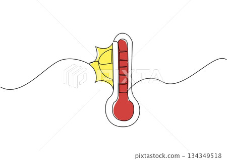 Single one line drawing thermometer with red pointer and half sun. Very high temperature warning. Global warming. Extreme. National Heat Awareness Day. Continuous line design graphic illustration Single one line drawing thermometer with red pointer and half sun. Very high temperature warning. Global warming. Extreme. National Heat Awareness Day. Continuous line design graphic illustration 134349518