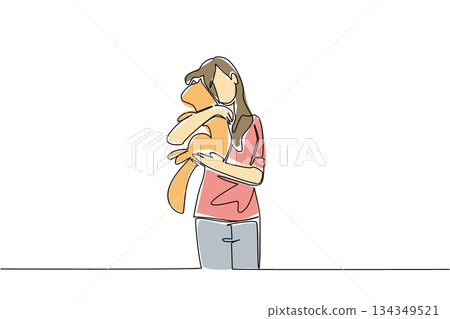Single continuous line drawing a woman in casual clothes hugging a cat with both hands. Close friendship with obedient pets. Love. International Hug Your Cat Day. One line design vector illustration 134349521
