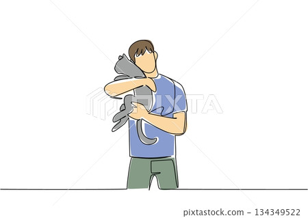 Continuous one line drawing a man in casual clothes hugging a cat with both hands. Love very much a very obedient animal. International Hug Your Cat Day. Single line draw design vector illustration 134349522