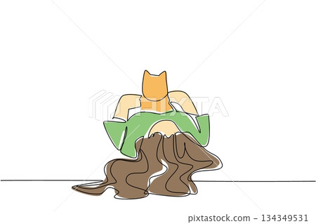 Single one line drawing a woman is sleeping while hugging a cat. Hugging the most adorable animal. Lie down and play. Cute. International Hug Your Cat Day. Continuous line design graphic illustration 134349531